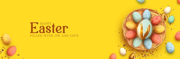 Feestelijke Pasen horizontale banner, sjabloonkoptekst voor website. Realistische 3D-ontwerpelementen. Lente vakantie. Paaseieren in mand. Uitzicht van boven. Gele achtergrond. Vector illustratie