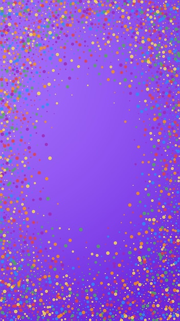 Feestelijke populaire confetti. Viering sterren. Regenboogconfettien op violette achtergrond. Fascinerende feestelijke overlay-sjabloon. Verticale vectorachtergrond.