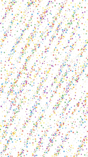 Feestelijke positieve confetti. Viering sterren. Kinderachtige heldere sterren op witte achtergrond. Goed uitziende feestelijke overlay-sjabloon. Verticale vectorachtergrond.