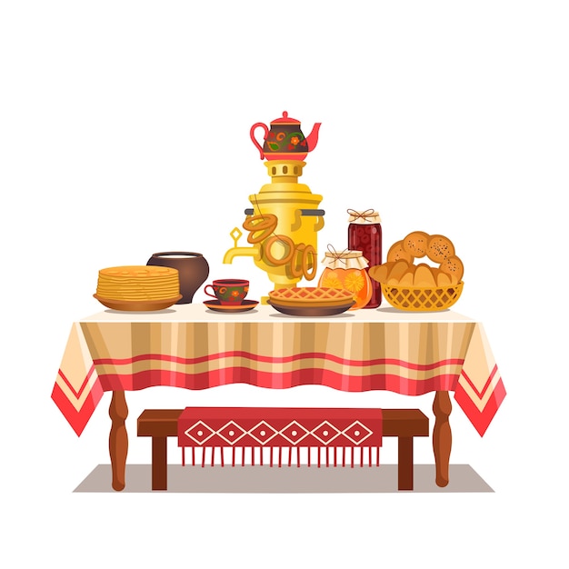 Feestelijke russische tafel met een samovar, pannenkoeken, bagels, taart, jam.