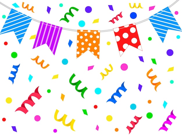 Feestelijke slinger met gekleurde vlaggen, op de achtergrond van vliegende confetti. vector illustratie