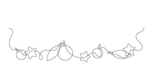 Feestelijke sterren en ballen getekend met een doorlopende lijn in minimalisme één lijn Bewerkbare vectorcontour