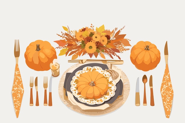 Vector feestelijke tafelinrichting voor thanksgiving day met pompoenbladeren en glazen