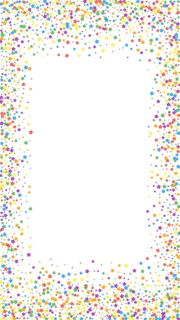 Feestelijke uitzonderlijke confetti. Viering sterren. Regenboog heldere sterren op witte achtergrond. Sierlijke feestelijke overlay-sjabloon. Verticale vectorachtergrond.