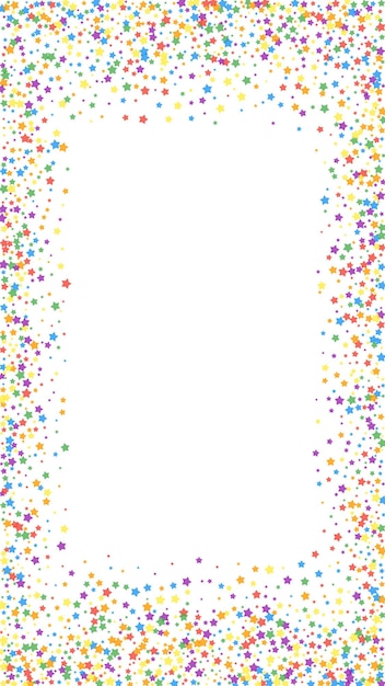 Feestelijke uitzonderlijke confetti. viering sterren. regenboog heldere sterren op witte achtergrond. sierlijke feestelijke overlay-sjabloon. verticale vectorachtergrond.