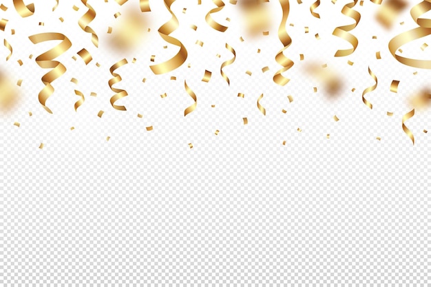 Feestelijke vectorillustratie van vallende gouden folie confetti en tinsels op een transparante achtergrond