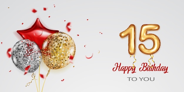 Feestelijke verjaardag illustratie met gekleurde helium ballonnen groot nummer 15 gouden folie ballon vliegende glanzende stukjes serpentijn en inscriptie Happy Birthday op witte achtergrond