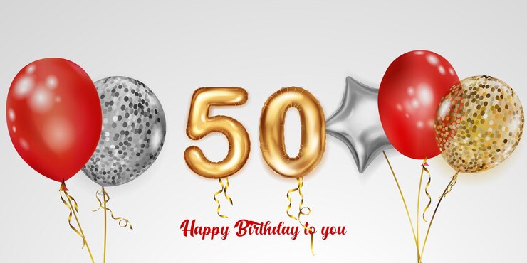 Feestelijke verjaardag illustratie met gekleurde helium ballonnen groot nummer 50 gouden folie ballon en inscriptie Happy Birthday op witte achtergrond