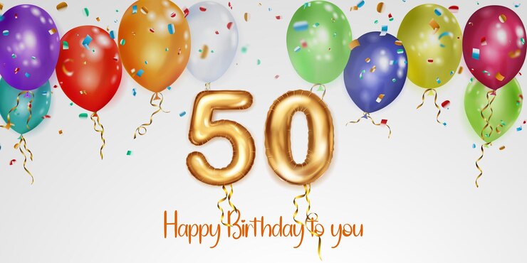 Feestelijke verjaardag illustratie met gekleurde helium ballonnen groot nummer 50 gouden folie ballon vliegende glanzende stukjes serpentijn en inscriptie Happy Birthday op witte achtergrond