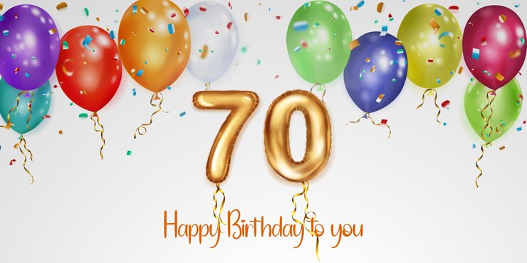 Feestelijke verjaardag illustratie met gekleurde helium ballonnen groot nummer 70 gouden folie ballon vliegende glanzende stukjes serpentijn en inscriptie Happy Birthday op witte achtergrond
