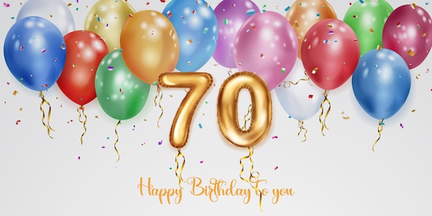 Feestelijke verjaardag illustratie met gekleurde helium ballonnen groot nummer 70 gouden folie ballon vliegende glanzende stukjes serpentijn en inscriptie Happy Birthday op witte achtergrond