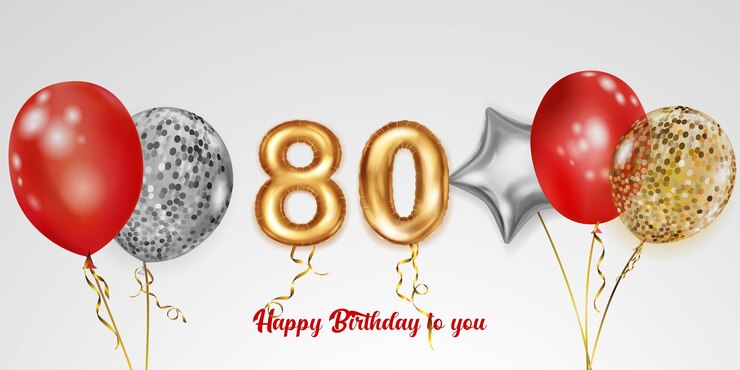 Feestelijke verjaardag illustratie met gekleurde helium ballonnen groot nummer 80 gouden folie ballon en inscriptie Happy Birthday op witte achtergrond