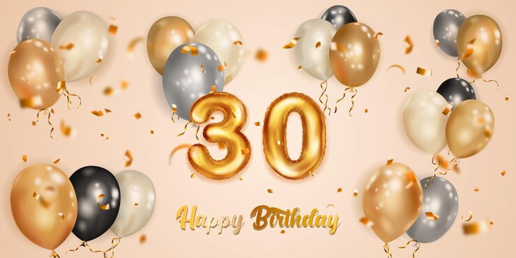 Feestelijke verjaardag illustratie met witte zwarte en gouden helium ballonnen groot nummer 30 gouden folie ballon vliegende glanzende stukjes serpentijn en inscriptie Happy Birthday op lichte achtergrond
