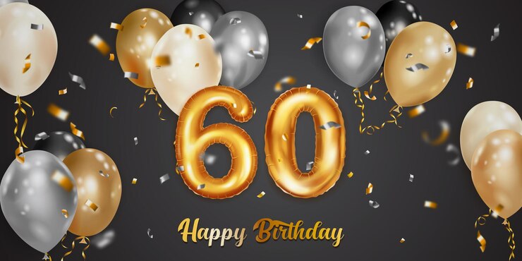 Feestelijke verjaardag illustratie met witte zwarte en gouden helium ballonnen groot nummer 60 gouden folie ballon vliegende glanzende stukjes serpentijn en inscriptie Happy Birthday op donkere achtergrond