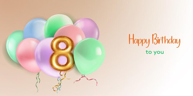 Feestelijke verjaardagsillustratie in pastelkleuren met een aantal heliumballonnen, gouden folieballon in de vorm van het cijfer 8 en de letters Happy Birthday to you op beige achtergrond
