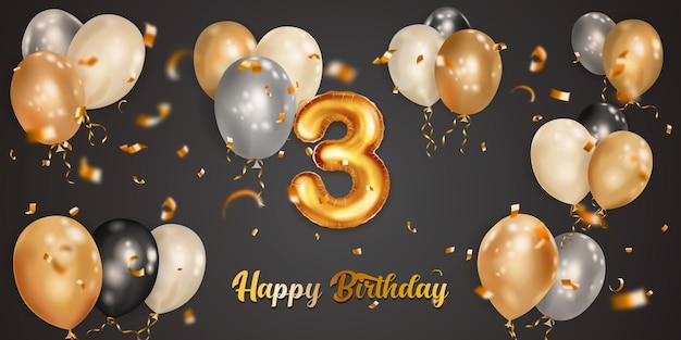 Feestelijke verjaardagsillustratie met witte zwarte en gouden heliumballonnen groot nummer 3 gouden folieballon vliegende glanzende stukjes serpentijn en inscriptie Happy Birthday op donkere achtergrond