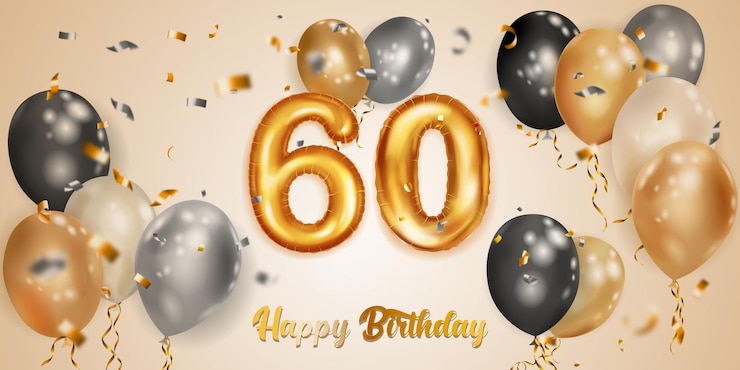 Feestelijke verjaardagsillustratie met witte zwarte en gouden heliumballonnen groot nummer 60 gouden folieballon vliegende glanzende stukjes serpentijn en inscriptie Happy Birthday op lichte achtergrond