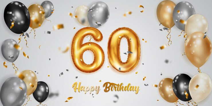 Feestelijke verjaardagsillustratie met witte zwarte en gouden heliumballonnen groot nummer 60 gouden folieballon vliegende glanzende stukjes serpentijn en inscriptie Happy Birthday op lichte achtergrond