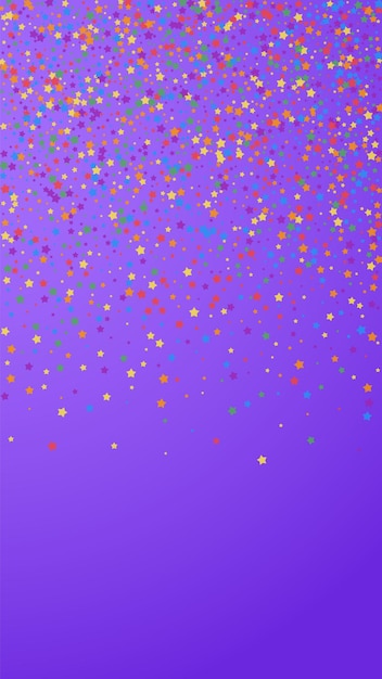 Feestelijke waardige confetti. Viering sterren. Regenboog heldere sterren op violette achtergrond. Grote feestelijke overlay-sjabloon. Verticale vectorachtergrond.