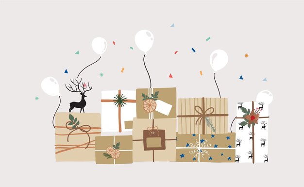 Feestkaartcollectie met geschenkdoos, ballon, lint, confetti. vectorillustratie voor poster, ansichtkaart, banner, omslag