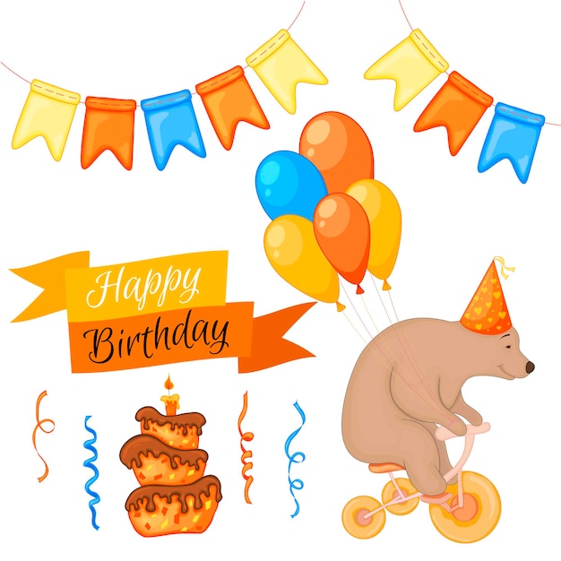 Feestset met beer en kleurrijke items op een witte achtergrond Inscriptie Happy Birthday Multicolored Vector