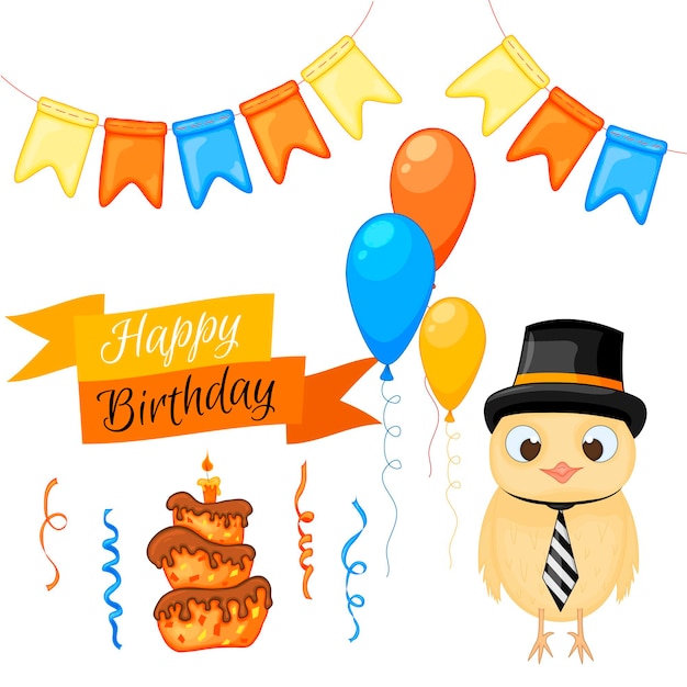 Feestset met kuiken en kleurrijke items op een witte achtergrond. Inscriptie "Happy Birthday". Veelkleurig. Vector.