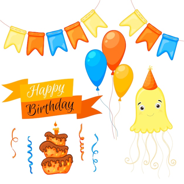 Feestset met kwallen en kleurrijke items op een witte achtergrond Inscriptie Happy Birthday Multicolored Vector