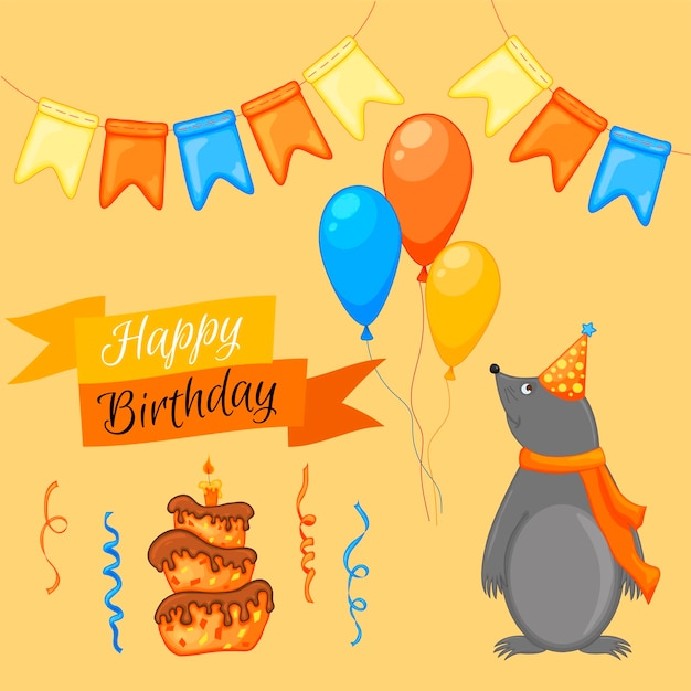 Feestset met mol en kleurrijke items op een beige achtergrond Inscriptie Happy Birthday Multicolored Vector