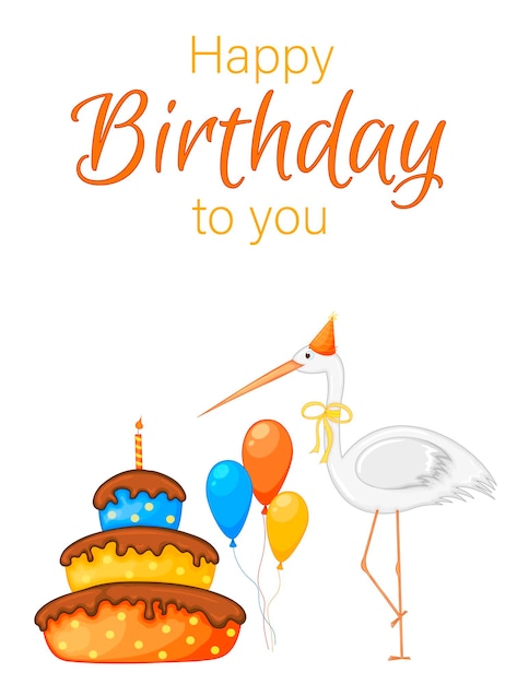 Feestset met ooievaar en kleurrijke items op een beige achtergrond Inscriptie Happy Birthday Multicolored Vector
