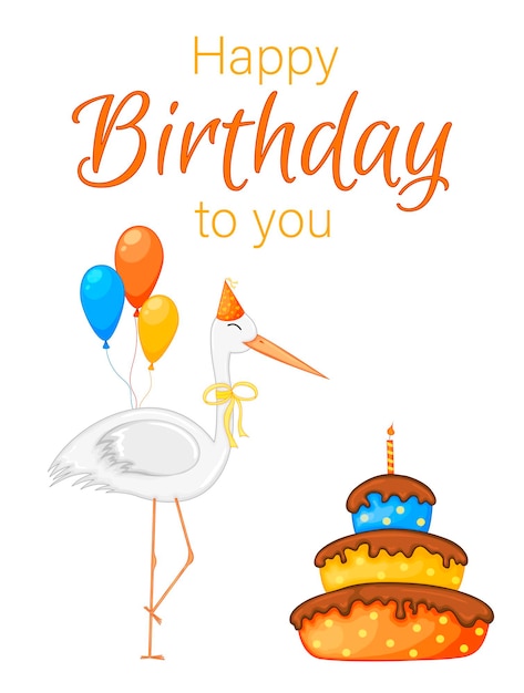 Feestset met ooievaar en kleurrijke items op een beige achtergrond. Inscriptie "Happy Birthday". Veelkleurig. Vector.