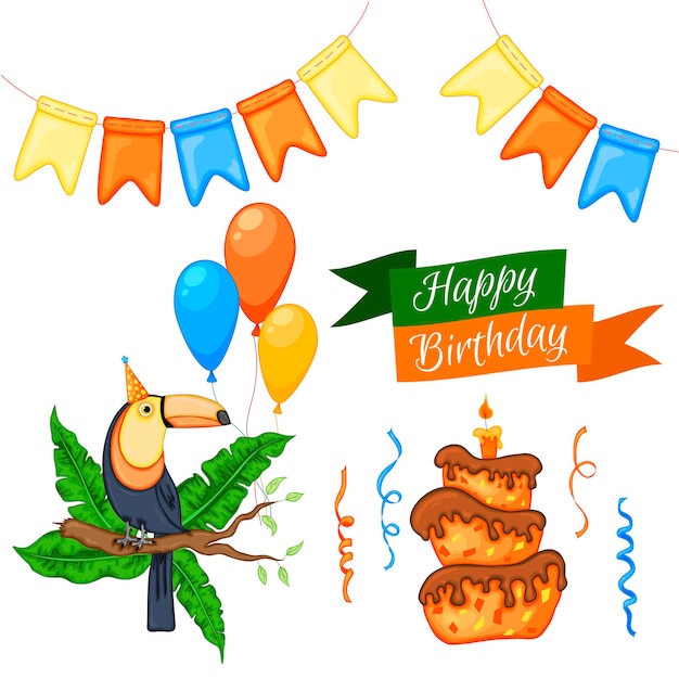 Feestset met papegaai en kleurrijke items op een witte achtergrond Inscriptie Happy Birthday Multicolored Vector