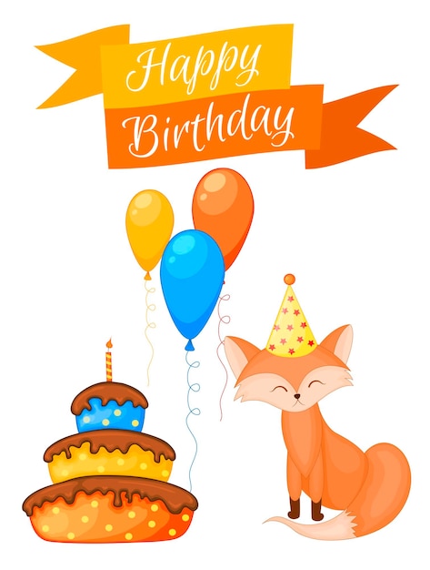 Feestset met vos en kleurrijke items op een witte achtergrond Inscriptie Happy Birthday Multicolored Vector