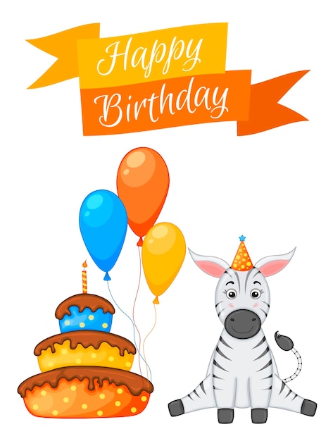 Feestset met zebra en kleurrijke items op een witte achtergrond inscriptie happy birthday multicolored vector