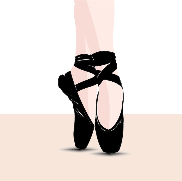 Vector feet of ballerina standing on tiptoes in black ballet shoes with ribbons