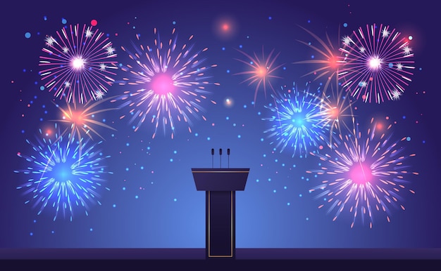 felgekleurd vuurwerk en podium staan of debat podium tribune met microfoons USA presidentiële verkiezing concept