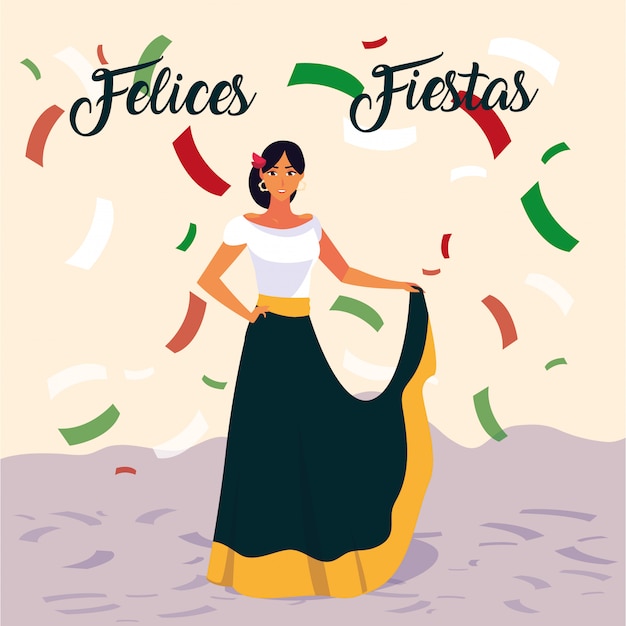 Felices fiestas label with woman with mexican typical costume