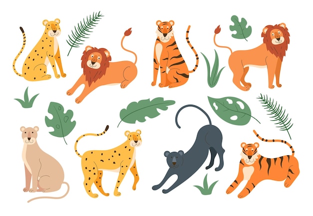 Feline cats jungle family isolated set