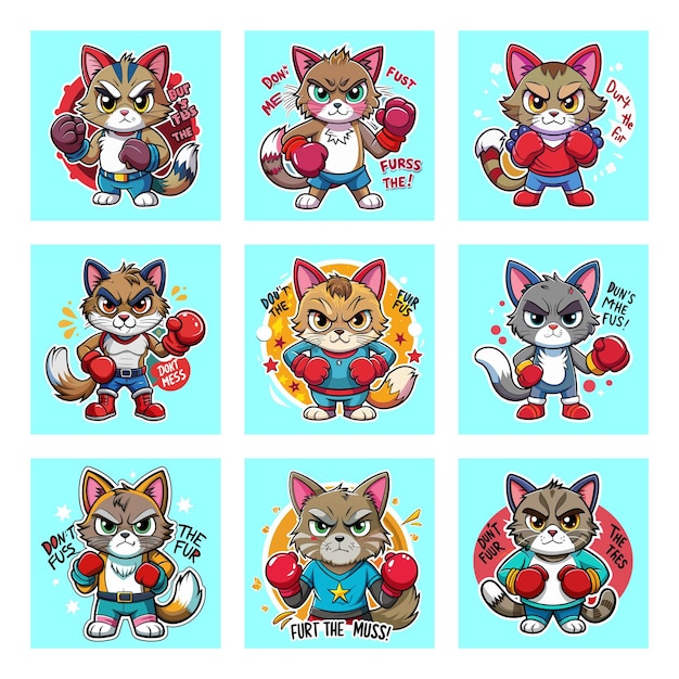 Vector feline fight club adorable cat boxing sticker collection for tshirts