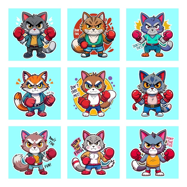 Vector feline fight club adorable cat boxing sticker collection for tshirts