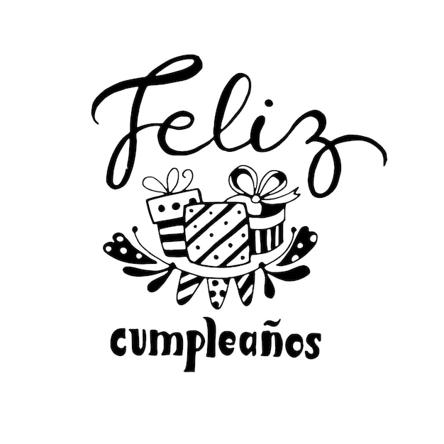 Vector feliz cumpleanos happy birthday in de spaanse taal handtekening belettering vector doodle illustratie