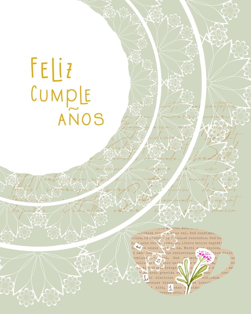 Feliz Cumpleanos Happy Birthday, written in spanish language, postcard vintage collage.