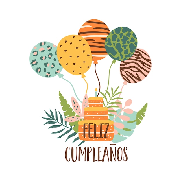 Feliz cumpleanos торт джунглей Feliz Cumpleanos означает «С Днем Рождения» на испанском языке Тропический торт ко дню рождения свечи воздушные шары джунгли тропические листья