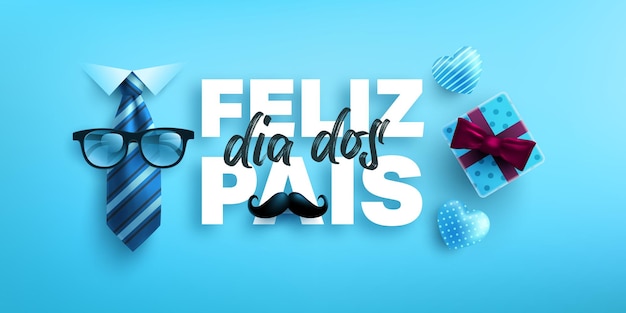 넥타이와 선물 상자가 있는 포르투갈어로 된 Feliz Dia Dos Pais 해피 아버지의 날