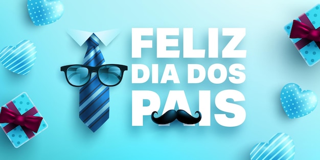 넥타이와 선물 상자가 있는 포르투갈어로 된 Feliz dia dos pais 해피 아버지의 날