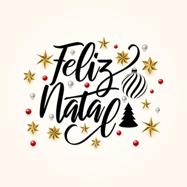 feliz natal belettering boom tekst typografie handschrift met gouden sterren bauble