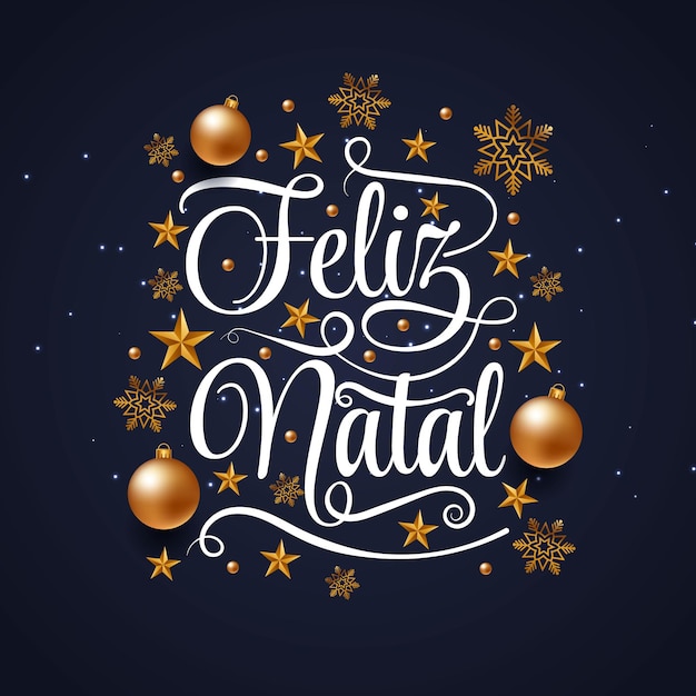 Feliz natal lettering greetings text with christmas balls and snowflakes decoration