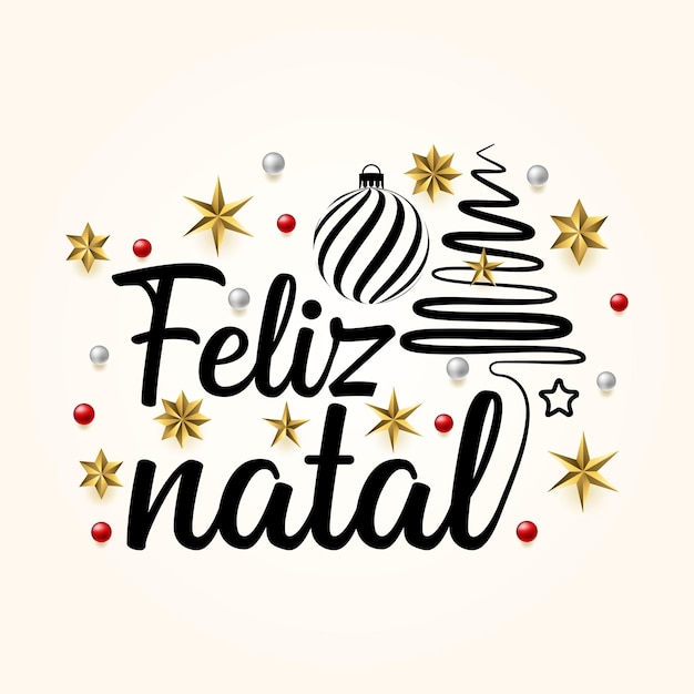 Vector feliz natal lettering tree text typography handwriting with golden stars bauble