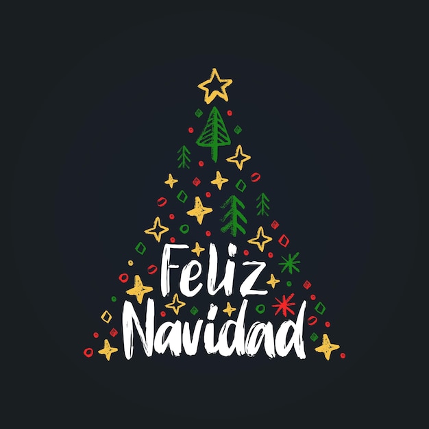 Feliz navidad, handgeschreven zin, vertaald uit het spaans merry christmas. vector vuren illustratie op zwarte achtergrond.