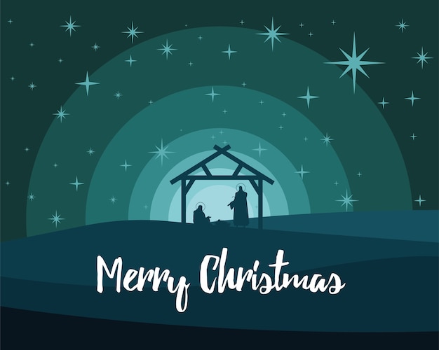 Feliz Navidad letras con la Sagrada Familia en siluetas estables, diseño de ilustraciones vectoriales