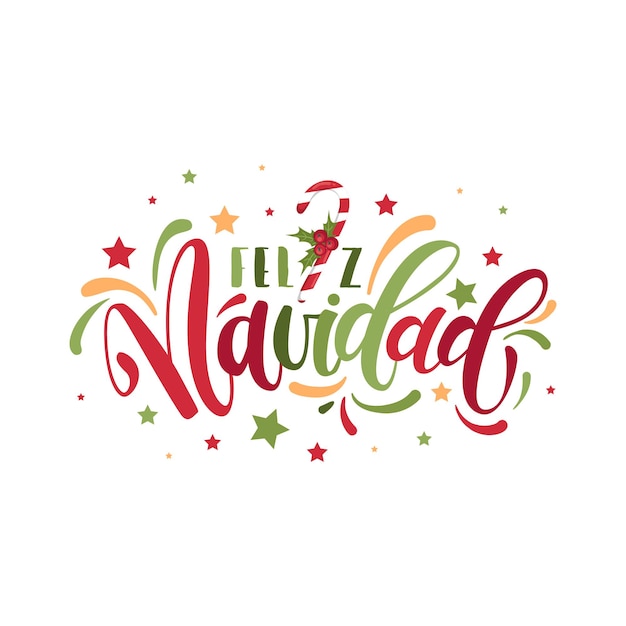 Scritta feliz navidad. biglietto di auguri di buon natale spagnolo, poster, flyer, banner, design di stampa e altro. iscrizione di calligrafia di natale di vettore, regali, fiocchi di neve e stelle.